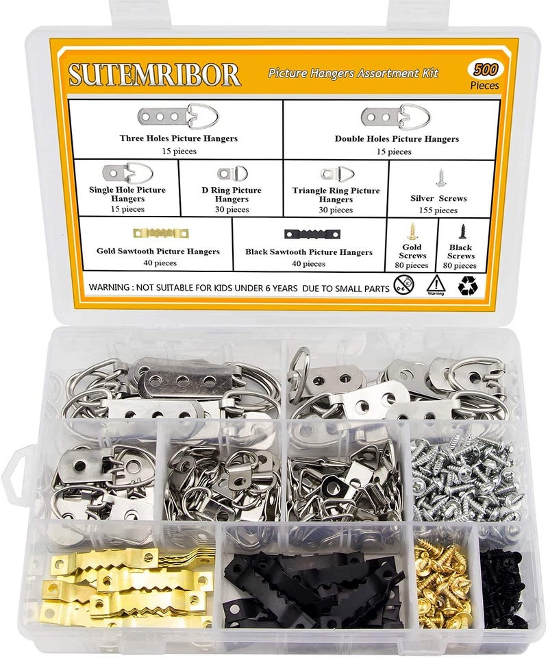Sutemribor Picture Hanging Kit 500 PCS, Sutemribor Heavy Duty Assorted Picture Hangers with Screws for Picture Hanging Wall Mounting (500) - Image 1